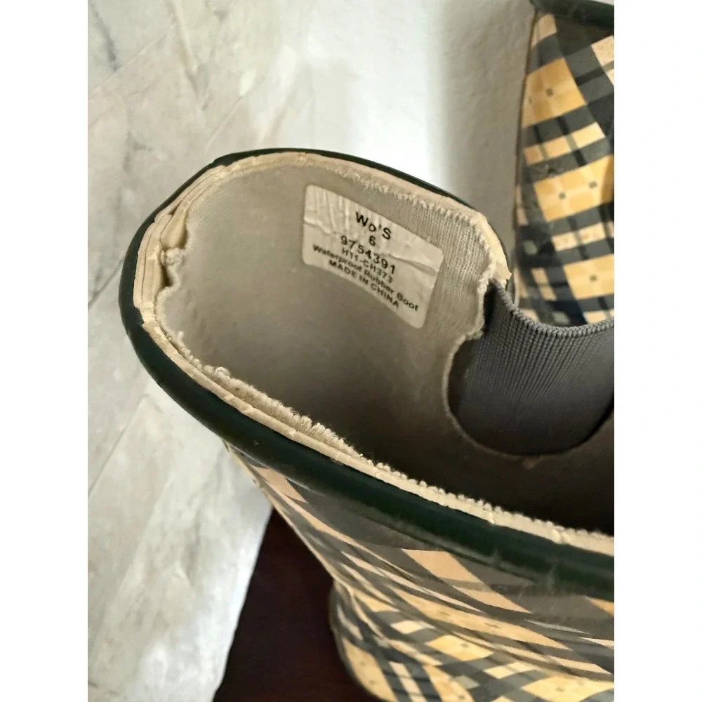 Sperry Top-Sider Womens Plaid Waterproof Rubber Rain Boots Yellow Green Size 6